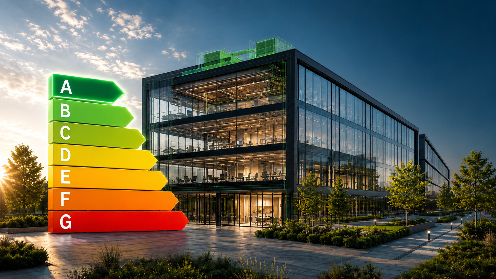 Commercial building beside an A to G building energy rating scale